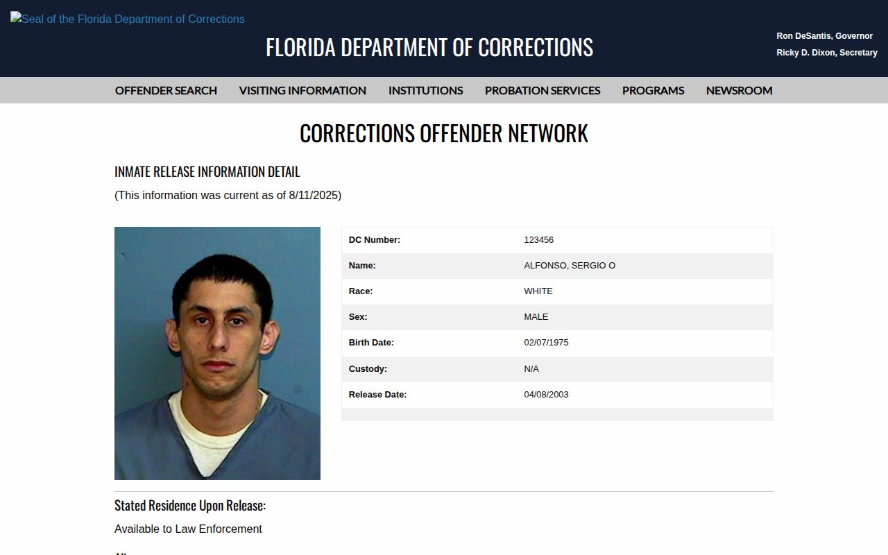 Florida released offender record with photograph and Palm Beach release fields