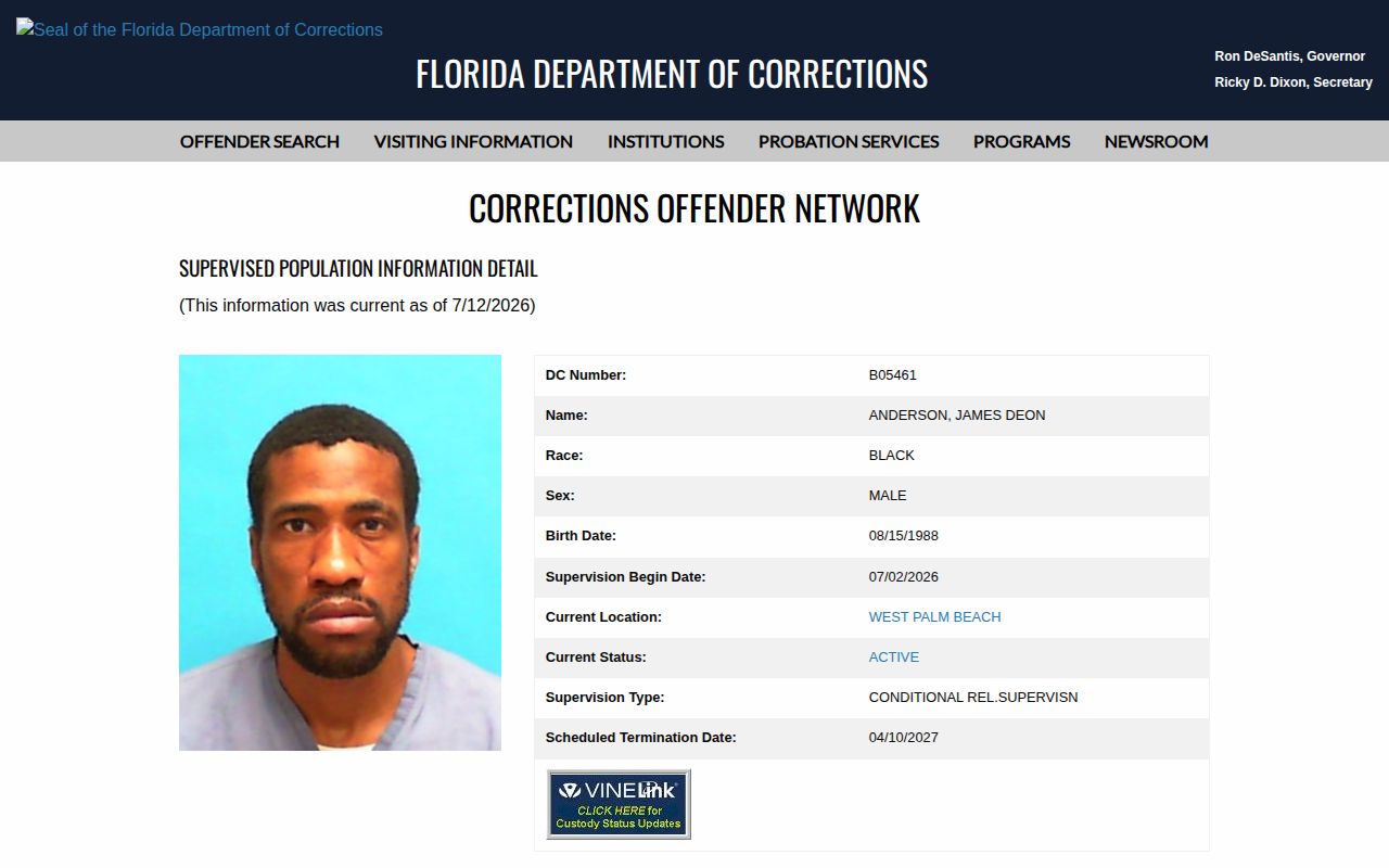 Palm Beach County probation and parole supervision result fields
