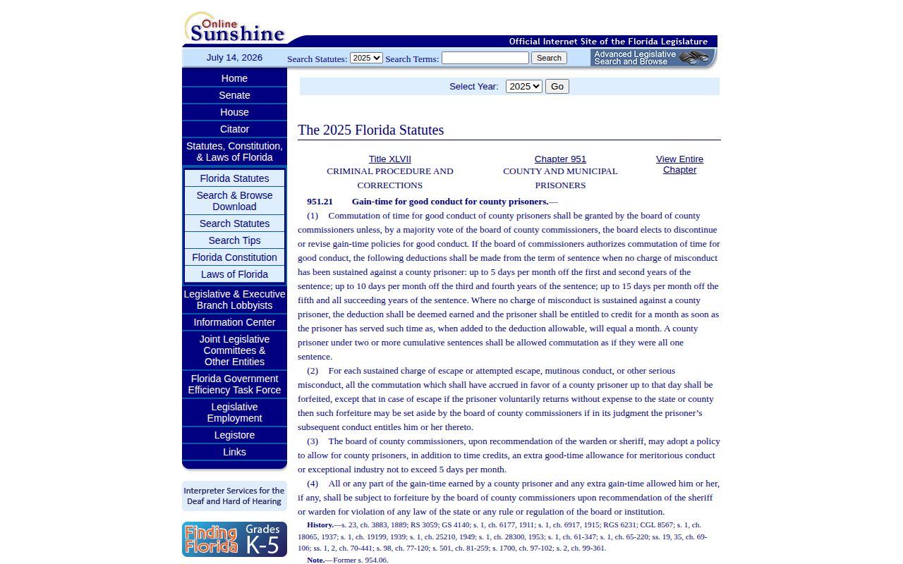 Palm Beach County inmate release date county gain time law