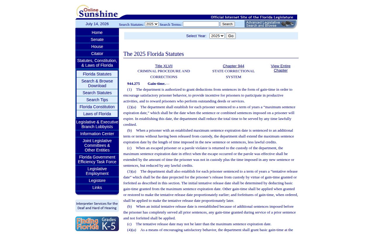 Palm Beach County projected release date Florida gain time statute